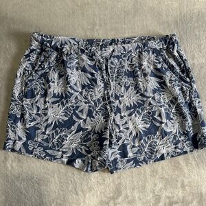 Briggs Women's XL Linen Blend Shorts Pull-On Pockets Navy White Tropical Resort